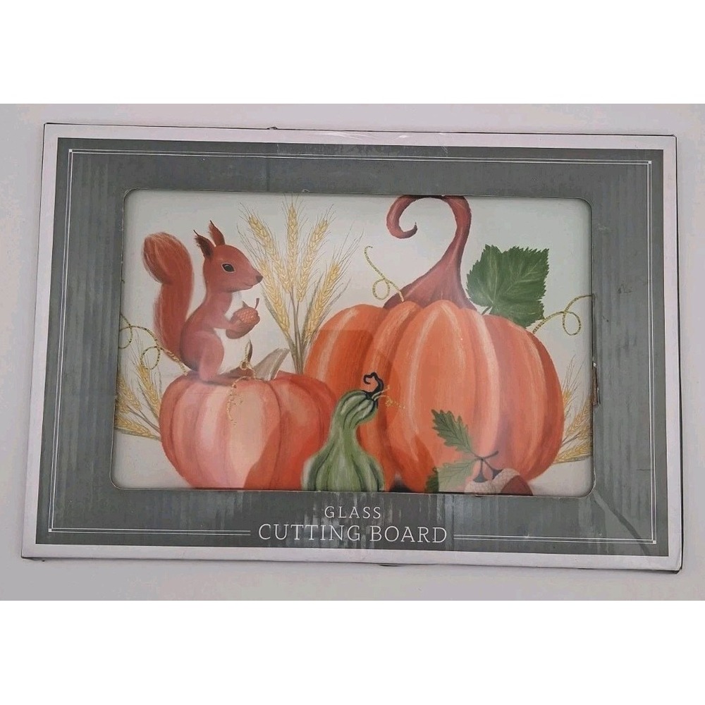 Fall/Autumn Glass Cutting Board 8" X 12" Squirrel w/ Pumpkins & Acorns  CUTE NIB